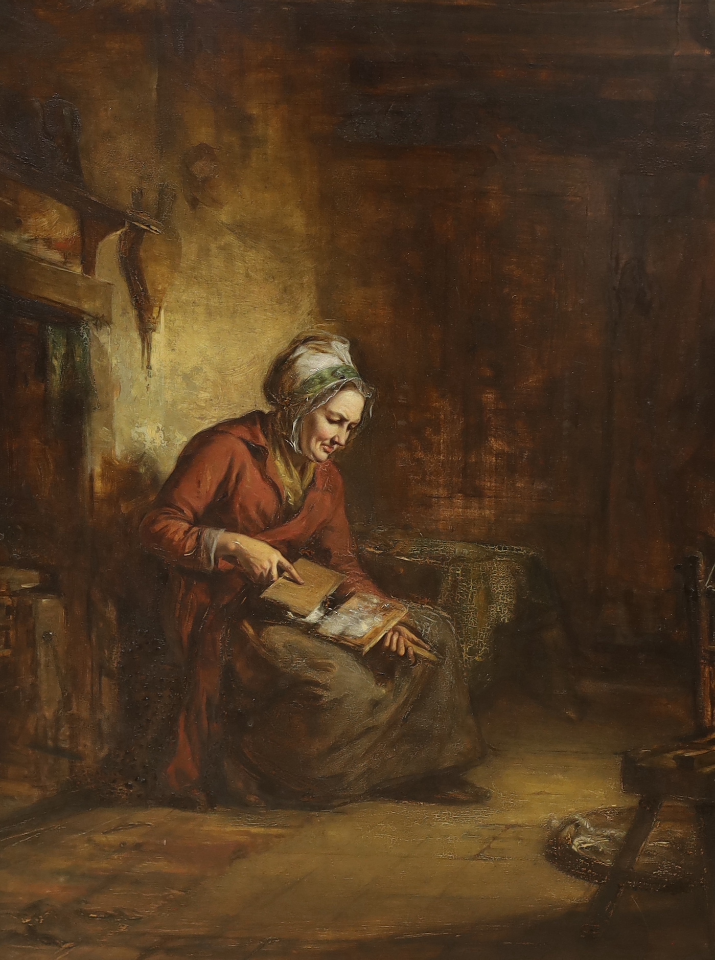 Robert Thorburn Ross (1816-1876) oil on board, 'Carding', signed and dated, label and indistinct ink inscription verso, 70 x 53cm